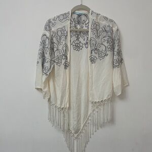 Maurice’s Bohemian Fringe Kimono with Black Embroidery